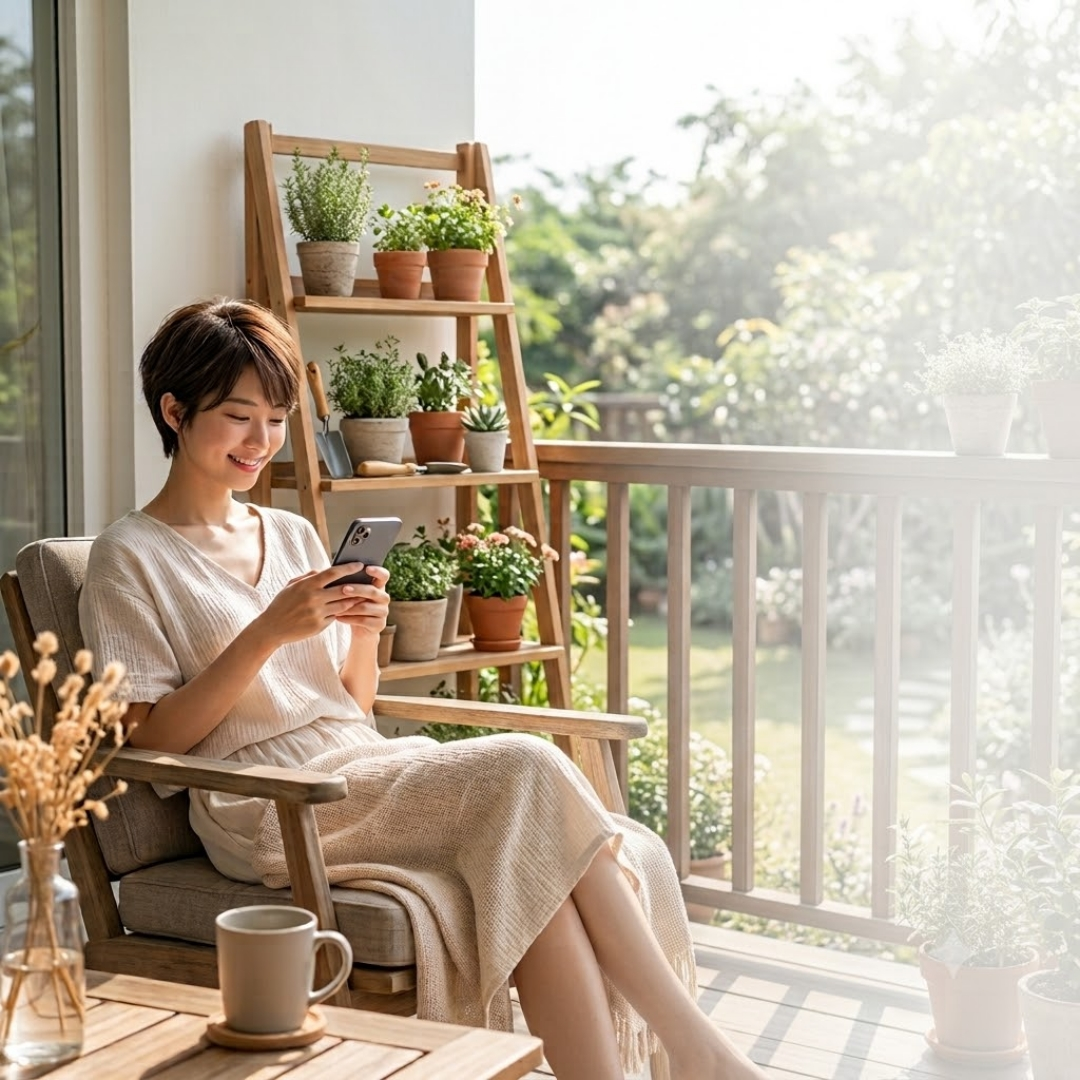テラスでスマホを操作する女性