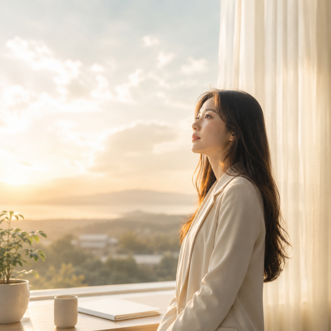 夕暮れを見つめる女性